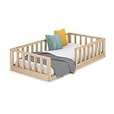 Cama Infantil Tipo Montessori Nube, con somier y Barrera barandilla, en Madera Natural para niño y niña, 90x190 cm