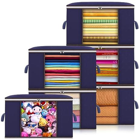 MAISITOO Cajas Almacenaje Ropa 6 Piezas, 90L Almacenaje Bajo La Cama, Grandes Cajas de Almacenaje Ropa con Mango Reforzado, Bolsa de Almacenamiento de Ropa para Guardar Ropa, Edredones,Azul