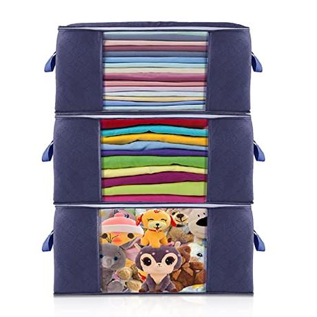 Cajas Almacenaje Ropa 3 Piezas, 90L Bolsa de Almacenamiento de Ropa con Mango Reforzado, Organizador de Canape Transpirable con Cremallera Robusta Bolsas para Guardar Ropa, Edredones, Mantas