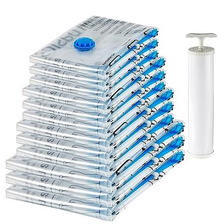 Amazon Basics bolsas de vacío para almacenamiento, incluyen boca para aspirador, 12 Unidad, 3 extragrandes, 3 grandes, 3 medianas y 3 pequeñas, Cremallera, Blanco