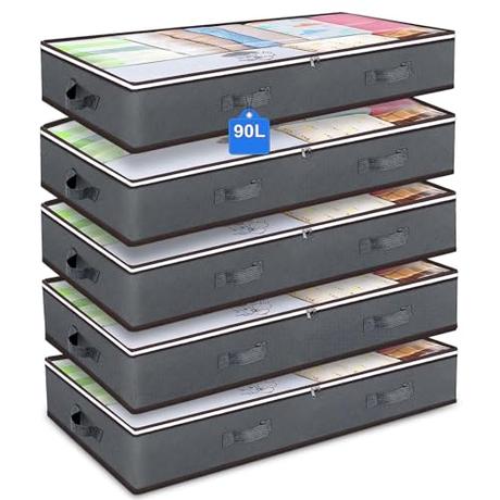 POWZOO Bolsa de Almacenamiento,5 Piezas Bolsas almacenaje ropa debajo de la Cama,100 x 50 x 18cm,Cajas Almacenaje Ropa,Plegable con ventanas y Asas,para Mantas,zapatos,ropa de cama.(Gris)