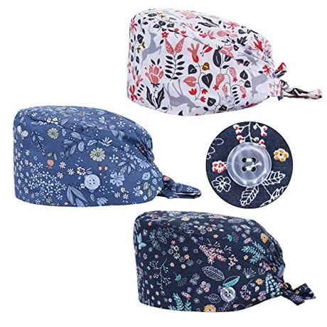 3 Piezas Gorro Quirofano Mujer Gorros de Trabajo con Botones Capuchas Ajustables con Banda para el Sudor Gorro Cocinero Cocina con Bolsa de Cola de Caballo Gorros de Ducha Quirofano Mujer