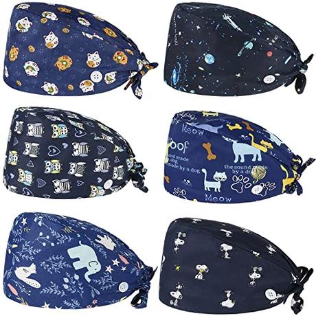 Comius Sharp 6 Piezas Gorro Quirofano, Bouffant Transpirables Sombrero, Gorro Turbante Estampado Gorro Matorrales de Unisex con Banda de Sudor para Belleza Trabajador Cuidado Personal