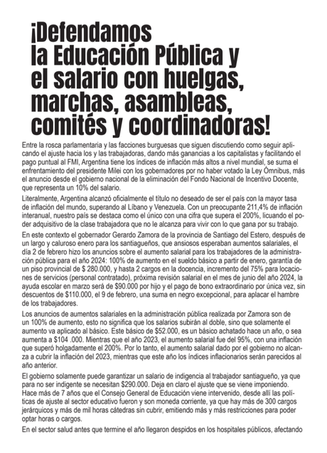 Santiago del Estero: ¡Defendamos la Educación Pública y el salario con huelgas, marchas, asambleas, comités y coordinadoras!