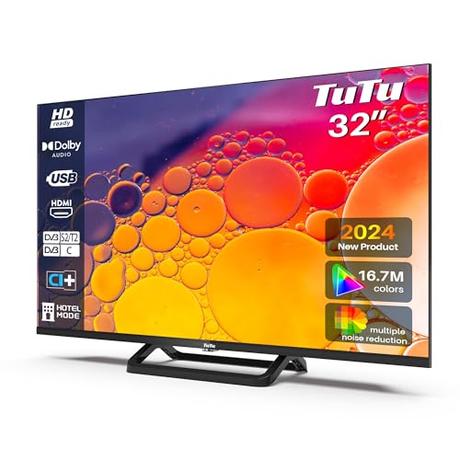 TuTu Televisores 32 Pulgadas LED HD Sin Marco TV con Sintonizador Digital DVB-T/T2-C-S/S2, HDMI, USB Grabador Reproductor, Modo Hotel, Peana Central (TUB32HN1NC, 2024)