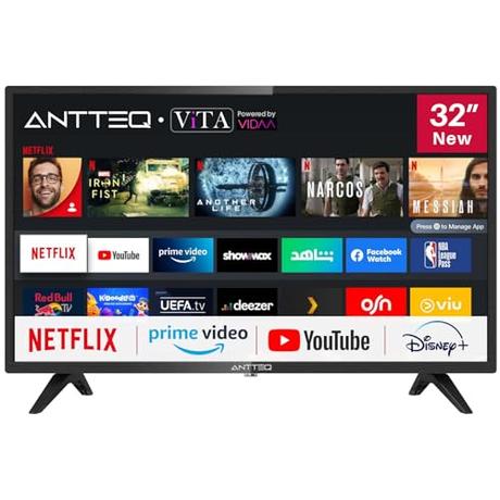 Antteq AV32 Smart TV 32 Pulgadas (80 cm) Televisores con Netflix, Prime Video, Rakuten TV, Disney+, Youtube, WiFi, Triple sintonizador DVB-T2/S2/C, Dolby Audio