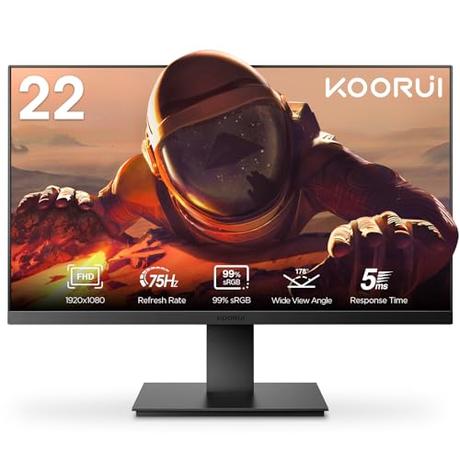 KOORUI Monitor de 22” FHD 75 Hz (1920x1080, 5ms, NTSC 72%, Panel VA antireflejos, HDMI, VGA, 16:9, 178º, Flicker-Free, Low Blue Light, 3 Lados sin Bordes, 250cd/m², 3000:1, sRGB 98%), Negro