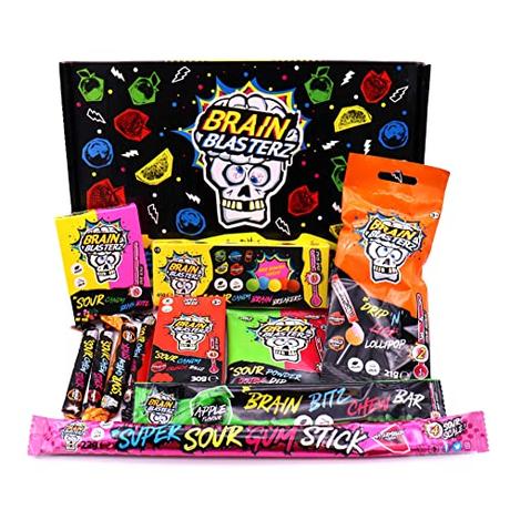 Brain Blasterz Caja de regalo Sour sweets SMALL, Caramelos agrios duros, barras masticables y más dulces sabor Fresa y Manzana, regalo para cumpleaños y Halloween