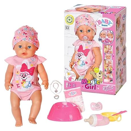 BABY born 827956 Magic Girl 43cm con Chupete Mágico - Muñeca con Funciones Realistas - Suave al Tacto, Articulaciones Móviles - Come, Duerme, Llora y Usa la Bacinica - 11 Accesorios - Rosa