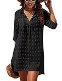 Vancavoo Vestido de Playa Mujer Blusa de Biquini,Camisa de Playa Cuello en V Manga 3/4 Casual de Color Sólido Ropa de Playa de Verano Bikini Cover up Suelto Vestido(Negro,L)