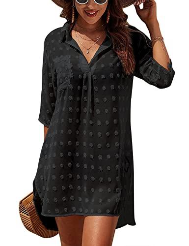 Vancavoo Vestido de Playa Mujer Blusa de Biquini,Camisa de Playa Cuello en V Manga 3/4 Casual de Color Sólido Ropa de Playa de Verano Bikini Cover up Suelto Vestido(Negro,L)