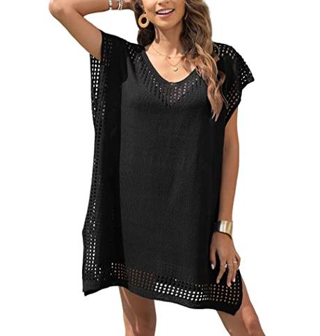 Codkkre Pareo Playa de Crochet Muje Vestido de Playa Verano Sexy Bikini Cover Up Traje de Baño Cubrir Ropa de Baño Suelto Vestido, Negro