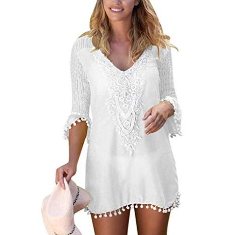heekpek Mujer Collar De Flores Vestido De Playa Vestido Mangas Cortas Gasa Beach Ropa de Baño Borla Bikini Cover up Camisolas y Pareos Plus Size