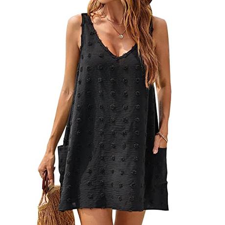 RPAEOY Vestido de Playa para Mujer Sin Mangas Cuello en V con Bolsillos Suelto Ropa de Baño Playa Traje de Baño Vestido de Bikini Camisolas y Pareos Sexy Beach Bikini Cover up (Negro,S)