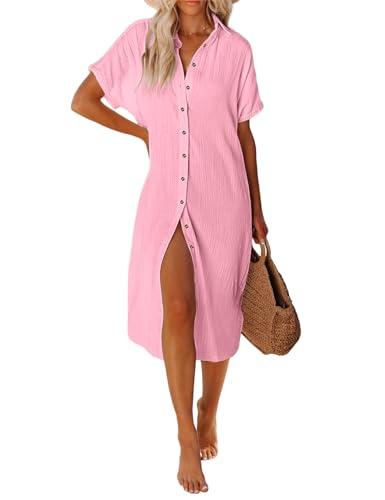 UMIPUBO Vestido Playa Mujer Camisolas y Pareos Largo Traje de Baño Bikini Cover Up Falda de Playa de Botones Verano Vestido de Bikini(Rosa,M)