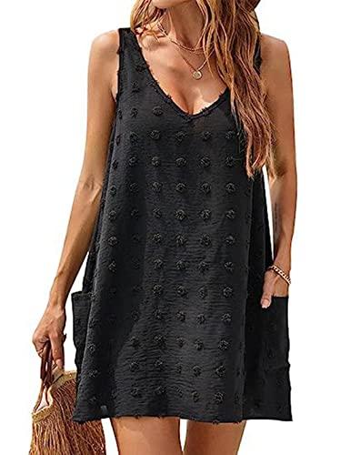 ABYOVRT 2023 Vestido de Playa Informal Vestidos Corto con Cuello en V de Verano Correa de Espagueti Casual para Mujer con Bolsillos,Negro,S