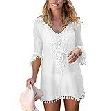 heekpek Mujer Collar De Flores Vestido De Playa Vestido Mangas Cortas Gasa Beach Ropa de Baño Borla Bikini Cover up Camisolas y Pareos Plus Size