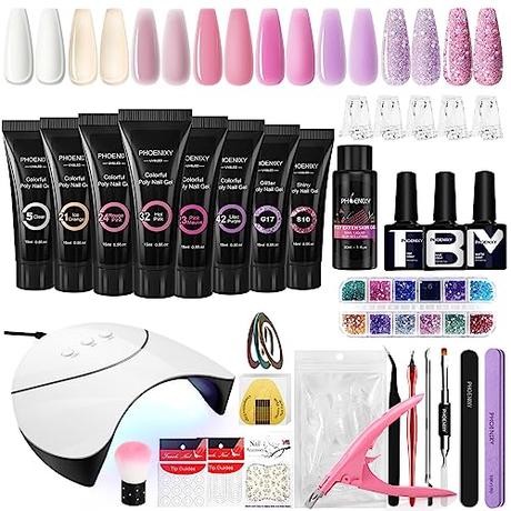 Kit Uñas de Gel, Phoenixy 8 Colores Kit de Extensión de Uñas Gel Completo con 36W U V/LED Lámpara, Kit de Manicura con Capa Base y Capa Superior, Regalos de Nail Art para Principiantes