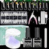NINGESHOP Nail Kit de Tips Uñas Gel con Pegamento, 600 Piezas De Uñas Postizas Con Pegamento 2 en 1 y Lámpara De Uñas Mini Kit Acrílico Para Principiantes