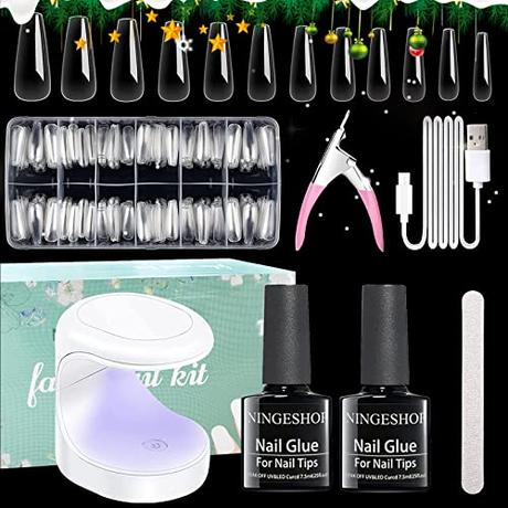 NINGESHOP Nail Kit de Tips Uñas Gel con Pegamento, 600 Piezas De Uñas Postizas Con Pegamento 2 en 1 y Lámpara De Uñas Mini Kit Acrílico Para Principiantes