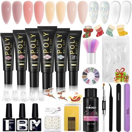 Kit Gel de Extensión de Uñas, Phoenixy 6 Colores 15ml Kit Uñas de Gel con 30ml Solución Deslizante, Kit Poly Uñas Gel con Uñas de Gel Pegatinas para Amante de la Decoración de Uñas