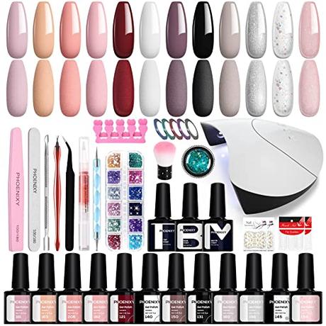 Kit Manicura Semipermanente Phoenixy 12 Colores Gel con 36W U V/LED Lámpara Kit Uñas Semipermanentes en Gel Kit Uñas de Gel Herramientas para Uñas Regalos Principiantes