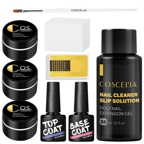 COSCELIA Kit de U-V Gel Uñas de 3PCS Gel de Extensión de Uñas 15ML de Uñas con 30ML Slip Solution y Base Coat Top Coat Kit Profesional de Uñas