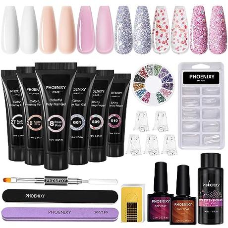 Kit Uñas de Gel Phoenixy 6 Colores 15ml Gel de Extensión de Uñas Top y Base Coat Uñas de Gel Kit Completo para Principiantes Regalos