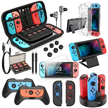 HEYSTOP Accesorios para Nintendo Switch, Funda para Nintendo Switch, Carcasa Switch, Protector Pantalla, Agarre et Volante para J-Con, Soporte Juegos, Base Carga, Estuche J-Con, Thumb Grips etc, Negro