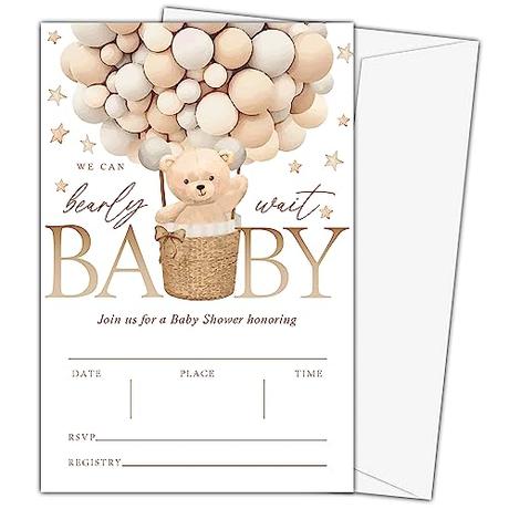 YSTEP - 25 invitaciones para baby shower, tarjetas de invitación con sobres para globos de oso para decoración de fiesta, suministros de regalo de regalo de 4 x 6 pulgadas, tarjetas de doble cara - A39