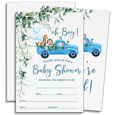 DOQPO Invitaciones de baby shower del bosque, invitaciones de baby shower de animales de bosque verde, invitación de baby shower de camión azul para niños, decoraciones de baby shower, 25 invitaciones con 25 sobres, A09