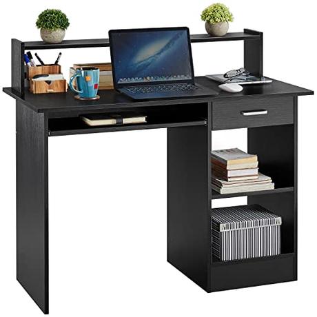 Yaheetech Mesa Escritorio con Soporte de Monitor para Oficina Despacho Mesa de Ordenador de Madera Mesa de Estudio con Cajón Estantes Negro 106 x 50 x 75 cm