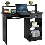 Yaheetech Mesa Escritorio con Soporte de Monitor para Oficina Despacho Mesa de Ordenador de Madera Mesa de Estudio con Cajón Estantes Negro 106 x 50 x 75 cm