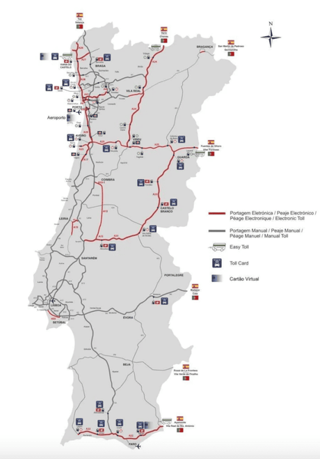 Mapa de autopistas de peajes electrónicos en Portugal