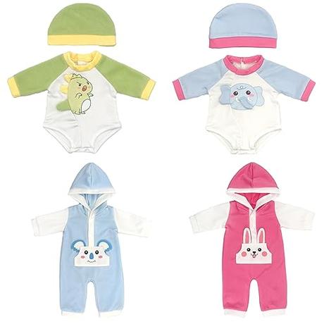 ZWOOS Ropa para Muñecas 35-43 cm, Pijamas de Algodón de Estilo Animal Lindo Compatible con Baby Born, Baby Annabell, Nenuco y Más, Regalos para Niñas y Niños, Paquete de 4
