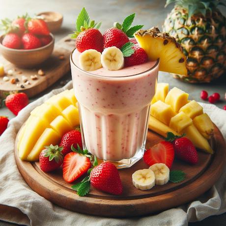 Batido refrescante de piña, fresas y plátano