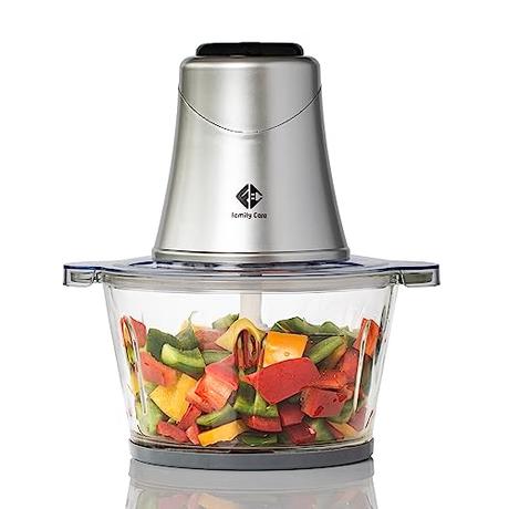 Family Care Picadora Electrica - Trituradora de Alimentos - Picadora de carne - 400 W, 4 Cuchillas Titanium, Vaso Cristal 1,2 L, Picadora Multifunción, Accesorios Aptos Lavavajillas