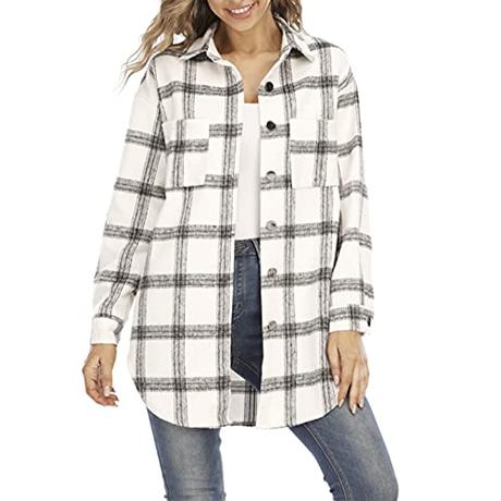 YWLINK Abrigo de mujer, grueso, manga larga, estampado clásico de botones hacia abajo, invierno, abrigo, camisas, outwear con bolsillos Ver factura mensual para Mi cuenta, Blanco-c, XXL
