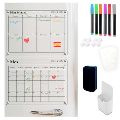 MANEGUETE. Pizarra magnetica nevera transparente en castellano. Planificador mensual magnetico, planificador semanal, 6 rotuladores y borrador. Calendario magnetico nevera que da estilo a tu cocina