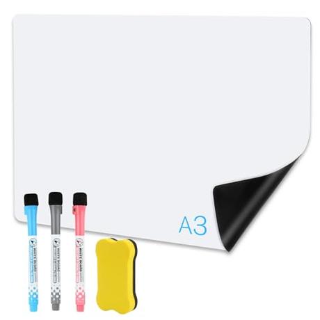 A3 Pizarra Blanca Magnética para Nevera, Pizarra Blanca Magnetica Nevera, Tablero Magnetico de Borrado en Seco, con Rotuladores, para Memorandos, Notas, Menús, Planificar Estudios (29,6x42cm)