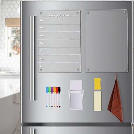 2pcs Planificador Semanal de Menus, 33x23cm Pizarra Acrílica Magnética Nevera Pizarra de Menú Magnética con Marcadores de Borrado en Seco Toalla de Limpieza Portalápices para Frigorífico