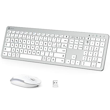 iCleve Teclado y Ratón Inalámbrico GK08 Recargable Teclado Ergonómico Silencioso Diseño de Tamaño Completo con Teclado Numérico 2.4G Conexión Estable Teclado y Ratón Mac Delgado para Windows/Mac
