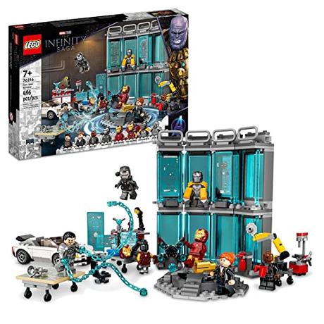 LEGO 76216 Marvel Armería de Iron Man, Juguete de Construcción de los Vengadores con Mini Figuras y Trajes, Regalos de Cumpleaños para Niños