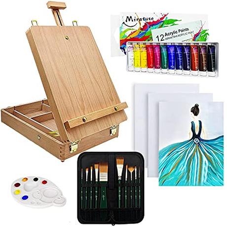 Caballete Pintura madera de haya 27 piezas,paleta y 3 paneles de lienzo - 12 pinturas y 10 pinceles acrílicos - Suministros de arte para artistas principiantes