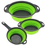 3 Piezas Coladores de Silicona Plegable, Cesta de Drenaje, Coladores de Alimentos, Coladores de Cocina Plegable con Asa para Escurrir Frutas y Verduras Pasta - Verde