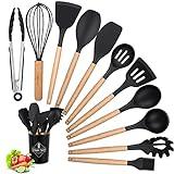 Utensilios de cocina de silicona madera, 12 unids accesorio de cocina, set sin BPA, antiadherente, antiarañazos y resistente al calor, herramienta de cocina antiadherente para
