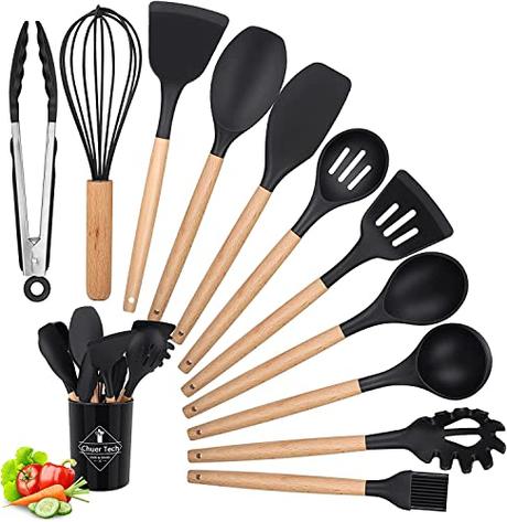 Juego de Utensilios de Cocina de Silicona, 12PCS, sin BPA, Herramientas Antiadherentes y Resistentes al Calor con Mango de Madera, Cuchara/Espátulas/Pinza