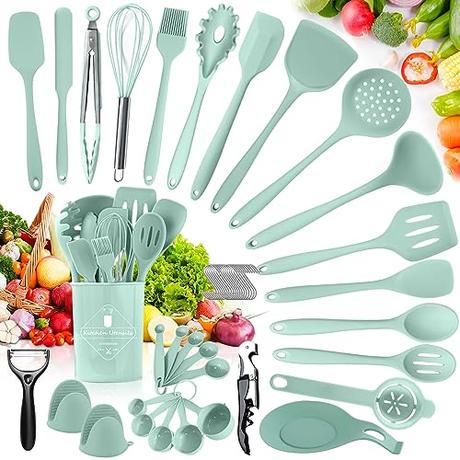 TAVADA Juego de Utensilios de Cocina,Set de 51 piezas Utensilios Cocina de Silicona, Resistente al Calor,Antiadherente y Resistente a los Arañazos, sin BPA Acero Inoxidable Accesorios Cocina, Verde