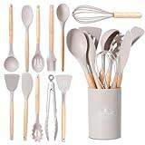 BASVII Juego de Utensilios de Cocina de Silicona de 12 piezas, Accesorios Cocina Fabricado en Silicona de Fino y Mangos de Madera, Utensilios Cocina Apto para Todas Las Ollas y Sartenes