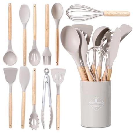 BASVII Juego de Utensilios de Cocina de Silicona de 12 piezas, Accesorios Cocina Fabricado en Silicona de Fino y Mangos de Madera, Utensilios Cocina Apto para Todas Las Ollas y Sartenes